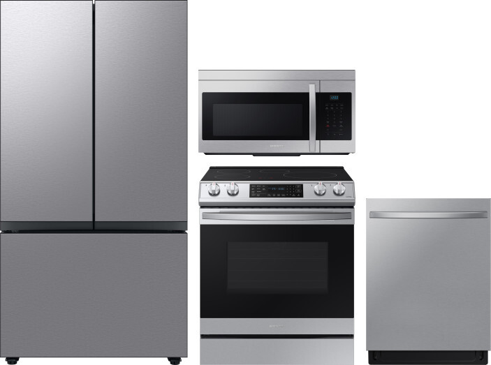 Samsung 4 Piece Kitchen Appliances Package with French Door Refrigerator, Induction Range, Dishwasher and Over the Range Microwave in Stainless Steel 