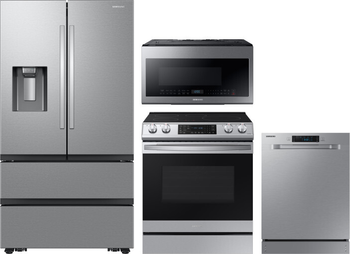Samsung 4 Piece Kitchen Appliances Package with French Door Refrigerator, Induction Range, Dishwasher and Over the Range Microwave in Stainless Steel 