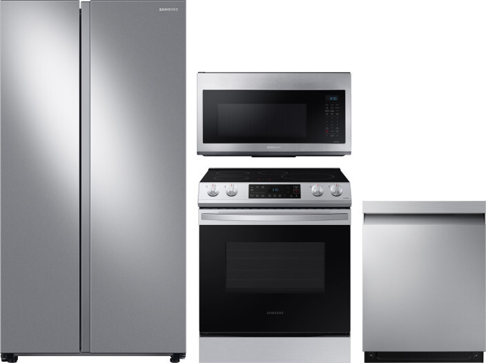 Samsung 4 Piece Kitchen Appliances Package with Side-by-Side Refrigerator, Induction Range, Dishwasher and Over the Range Microwave in Stainless Steel