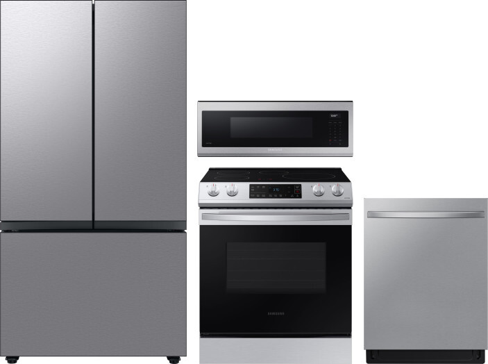 Samsung 4 Piece Kitchen Appliances Package with French Door Refrigerator, Induction Range, Dishwasher and Over the Range Microwave in Stainless Steel 