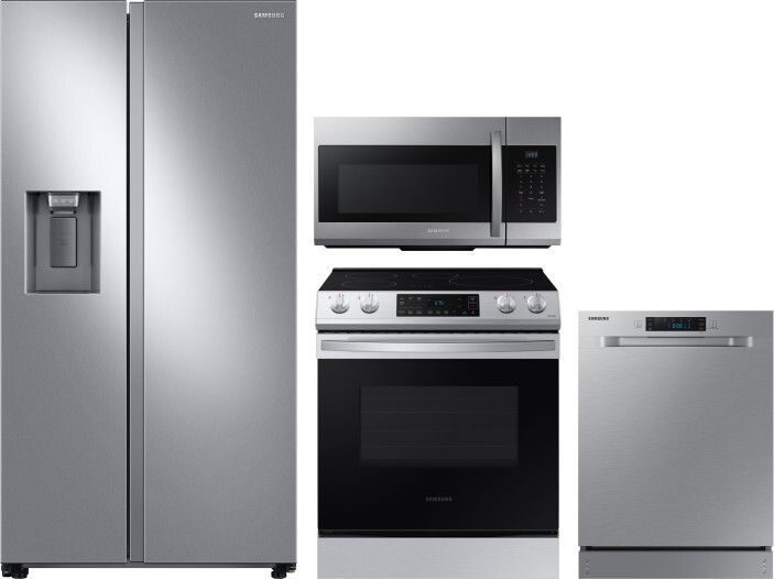 Samsung 4 Piece Kitchen Appliances Package with Side-by-Side Refrigerator, Induction Range, Dishwasher and Over the Range Microwave in Stainless Steel