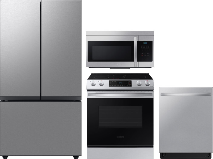 Samsung 4 Piece Kitchen Appliances Package with French Door Refrigerator, Induction Range, Dishwasher and Over the Range Microwave in Stainless Steel 
