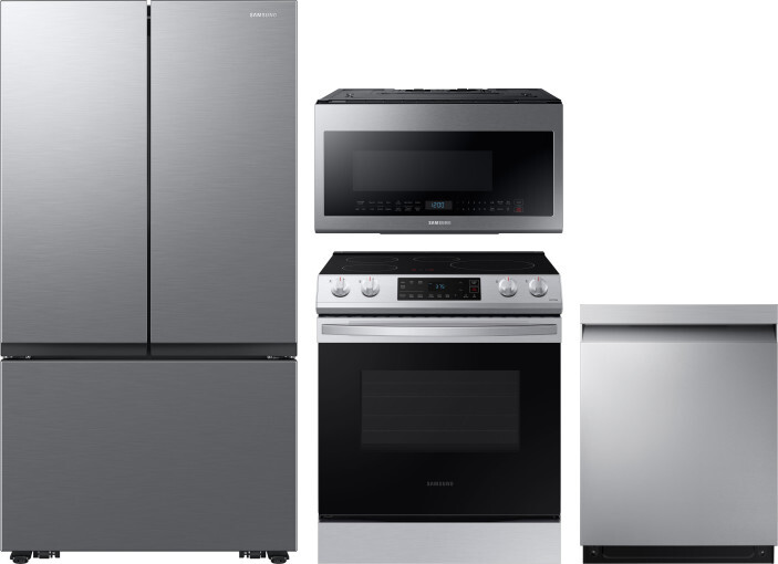 Samsung 4 Piece Kitchen Appliances Package with French Door Refrigerator, Induction Range, Dishwasher and Over the Range Microwave in Stainless Steel 