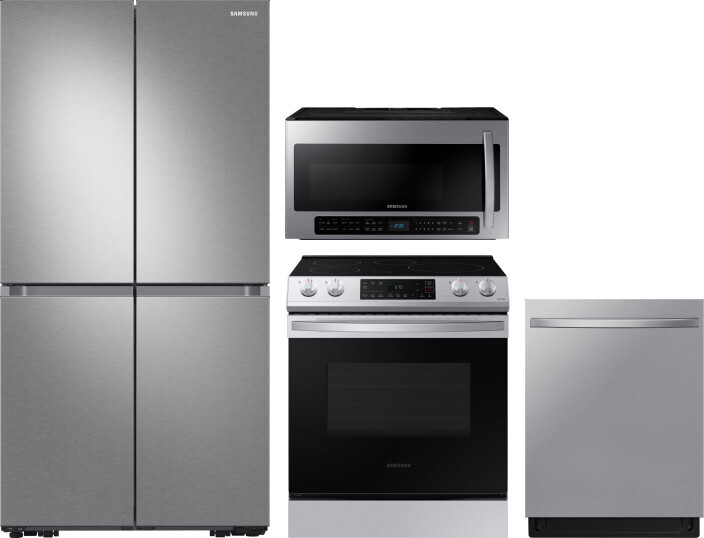 Samsung 4 Piece Kitchen Appliances Package with French Door Refrigerator, Induction Range, Dishwasher and Over the Range Microwave in Stainless Steel 