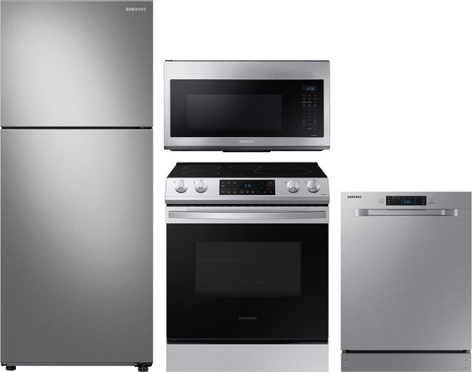Samsung 4 Piece Kitchen Appliances Package with Top Freezer Refrigerator, Induction Range, Dishwasher and Over the Range Microwave in Stainless Steel 