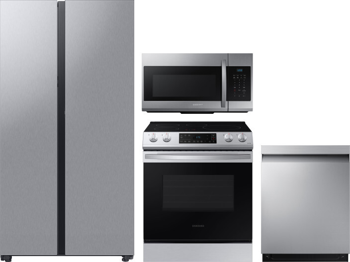 Samsung 4 Piece Kitchen Appliances Package with Side-by-Side Refrigerator, Induction Range, Dishwasher and Over the Range Microwave in Stainless Steel