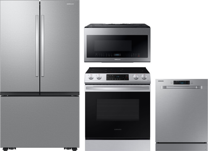 Samsung 4 Piece Kitchen Appliances Package with French Door Refrigerator, Induction Range, Dishwasher and Over the Range Microwave in Stainless Steel 