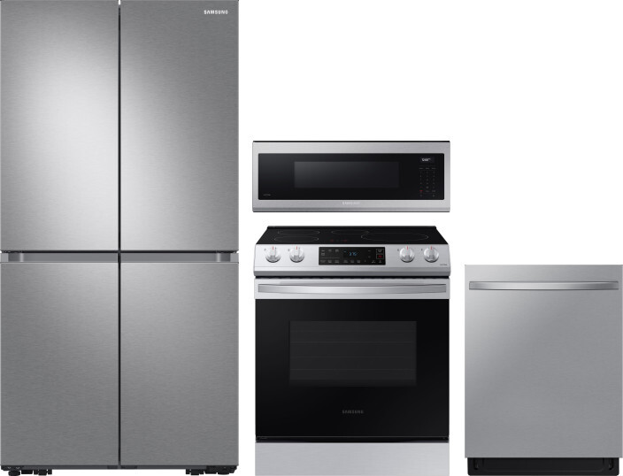 Samsung 4 Piece Kitchen Appliances Package with French Door Refrigerator, Induction Range, Dishwasher and Over the Range Microwave in Stainless Steel 