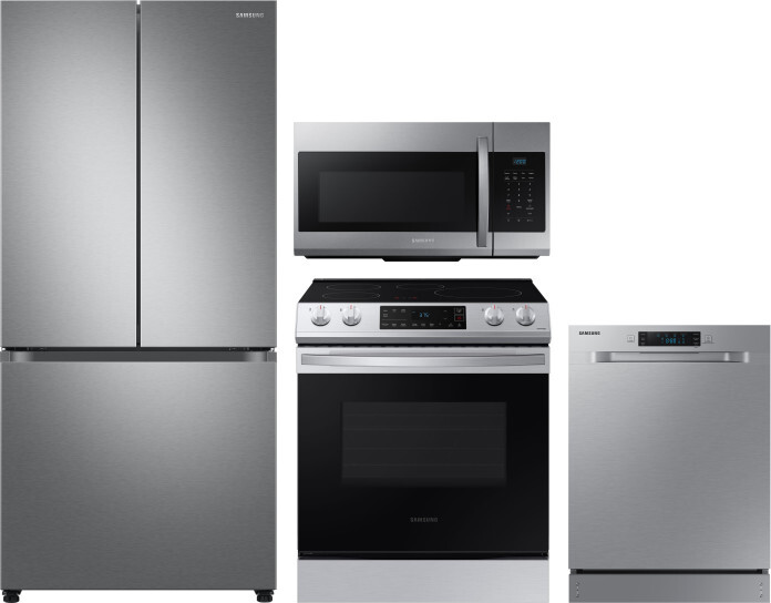 Samsung 4 Piece Kitchen Appliances Package with French Door Refrigerator, Induction Range, Dishwasher and Over the Range Microwave in Stainless Steel 