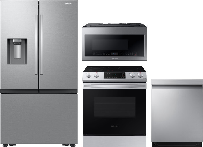Samsung 4 Piece Kitchen Appliances Package with French Door Refrigerator, Induction Range, Dishwasher and Over the Range Microwave in Stainless Steel 