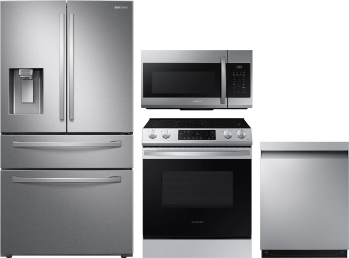Samsung 4 Piece Kitchen Appliances Package with French Door Refrigerator, Induction Range, Dishwasher and Over the Range Microwave in Stainless Steel 