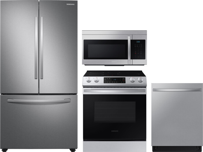 Samsung 4 Piece Kitchen Appliances Package with French Door Refrigerator, Induction Range, Dishwasher and Over the Range Microwave in Stainless Steel 