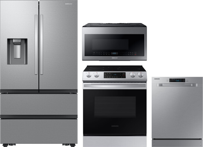 Samsung 4 Piece Kitchen Appliances Package with French Door Refrigerator, Induction Range, Dishwasher and Over the Range Microwave in Stainless Steel 