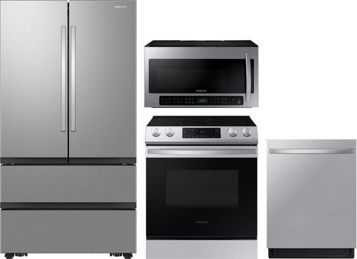 Samsung 4 Piece Kitchen Appliances Package with French Door Refrigerator, Induction Range, Dishwasher and Over the Range Microwave in Stainless Steel 