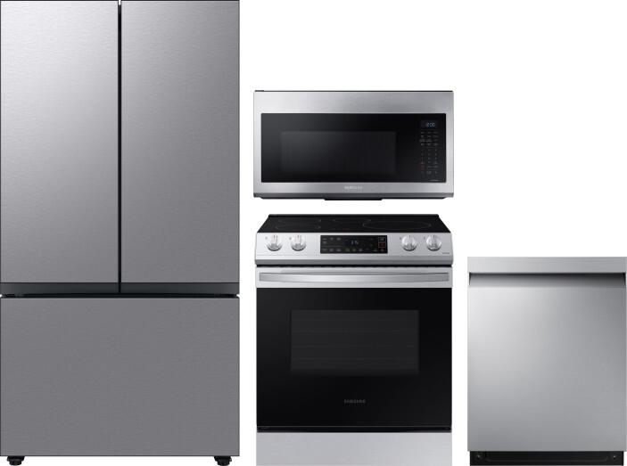 Samsung 4 Piece Kitchen Appliances Package with French Door Refrigerator, Induction Range, Dishwasher and Over the Range Microwave in Stainless Steel 