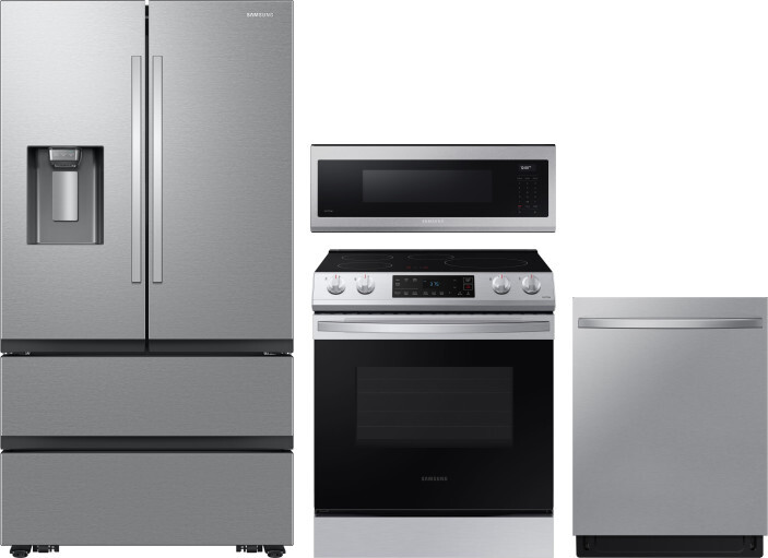 Samsung 4 Piece Kitchen Appliances Package with French Door Refrigerator, Induction Range, Dishwasher and Over the Range Microwave in Stainless Steel 