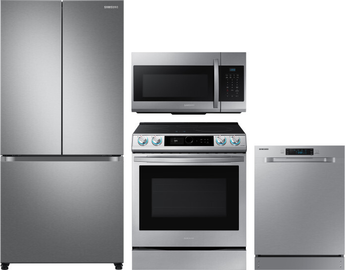 Samsung 4 Piece Kitchen Appliances Package with French Door Refrigerator, Induction Range, Dishwasher and Over the Range Microwave in Stainless Steel 