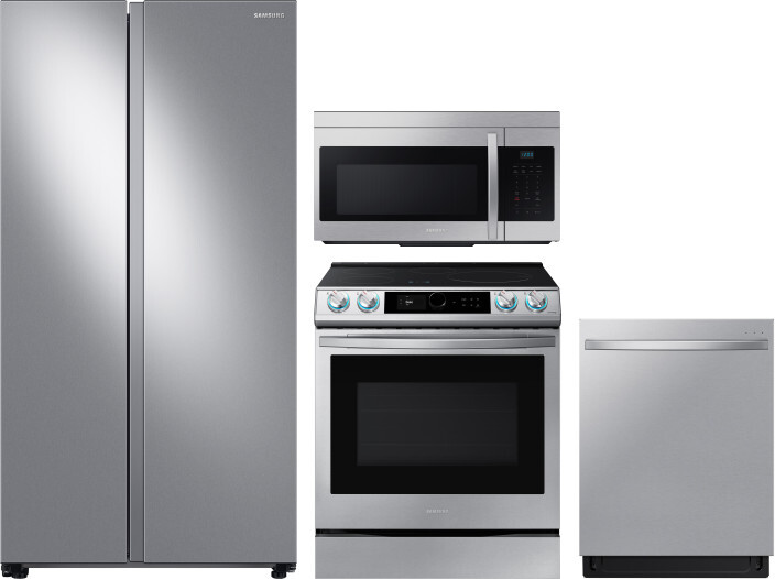 Samsung 4 Piece Kitchen Appliances Package with Side-by-Side Refrigerator, Induction Range, Dishwasher and Over the Range Microwave in Stainless Steel