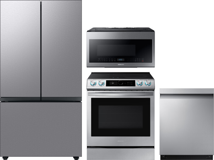 Samsung 4 Piece Kitchen Appliances Package with French Door Refrigerator, Induction Range, Dishwasher and Over the Range Microwave in Stainless Steel 