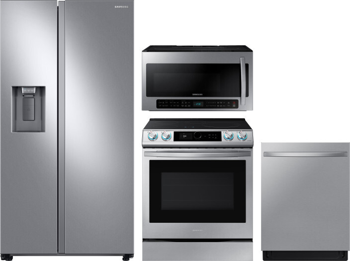Samsung 4 Piece Kitchen Appliances Package with Side-by-Side Refrigerator, Induction Range, Dishwasher and Over the Range Microwave in Stainless Steel