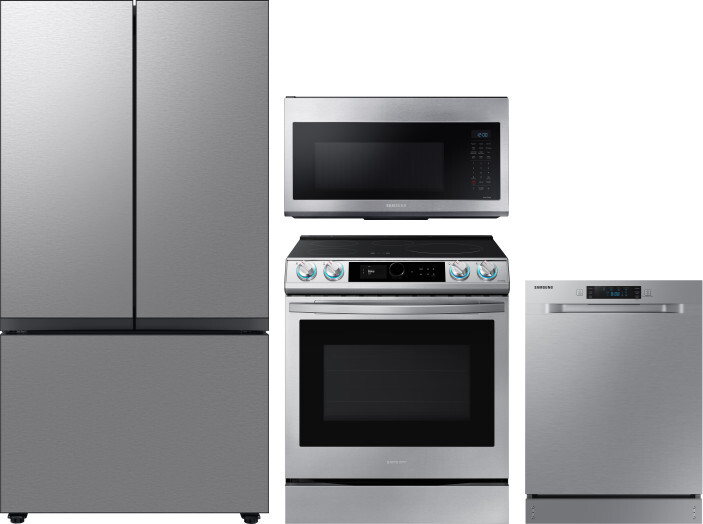 Samsung 4 Piece Kitchen Appliances Package with French Door Refrigerator, Induction Range, Dishwasher and Over the Range Microwave in Stainless Steel 