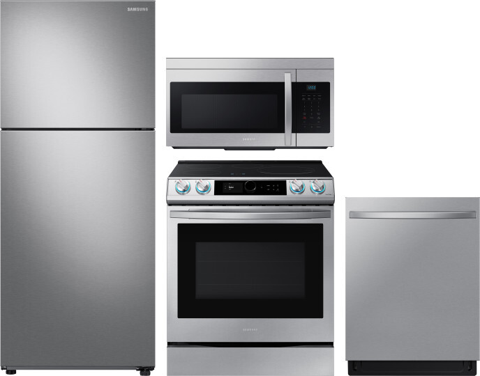 Samsung 4 Piece Kitchen Appliances Package with Top Freezer Refrigerator, Induction Range, Dishwasher and Over the Range Microwave in Stainless Steel 