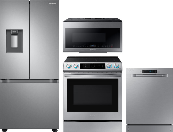Samsung 4 Piece Kitchen Appliances Package with French Door Refrigerator, Induction Range, Dishwasher and Over the Range Microwave in Stainless Steel 