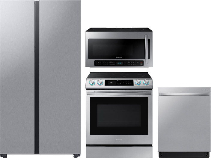 Samsung 4 Piece Kitchen Appliances Package with Side-by-Side Refrigerator, Induction Range, Dishwasher and Over the Range Microwave in Stainless Steel