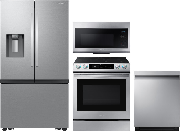 Samsung 4 Piece Kitchen Appliances Package with French Door Refrigerator, Induction Range, Dishwasher and Over the Range Microwave in Stainless Steel 
