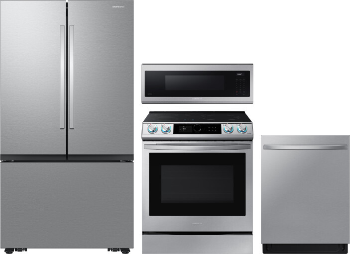 Samsung 4 Piece Kitchen Appliances Package with French Door Refrigerator, Induction Range, Dishwasher and Over the Range Microwave in Stainless Steel 
