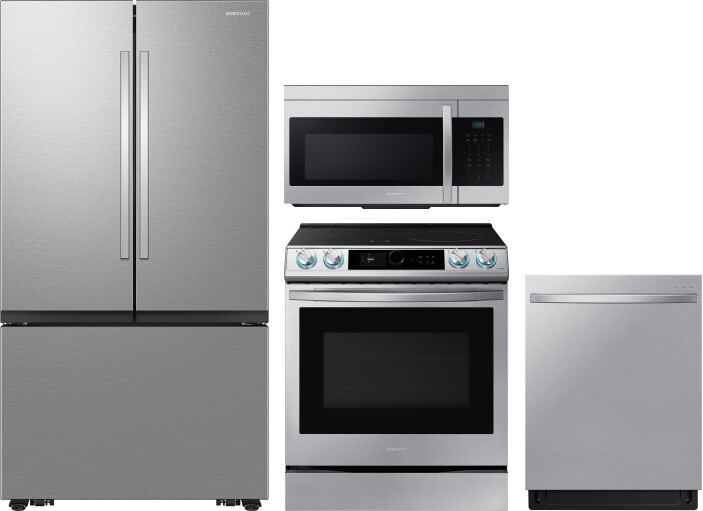 Samsung 4 Piece Kitchen Appliances Package with French Door Refrigerator, Induction Range, Dishwasher and Over the Range Microwave in Stainless Steel 