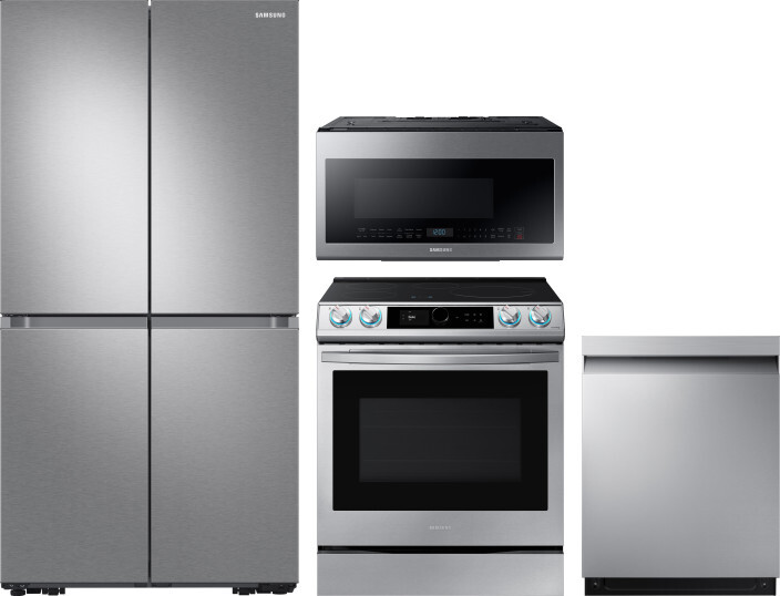 Samsung 4 Piece Kitchen Appliances Package with French Door Refrigerator, Induction Range, Dishwasher and Over the Range Microwave in Stainless Steel 