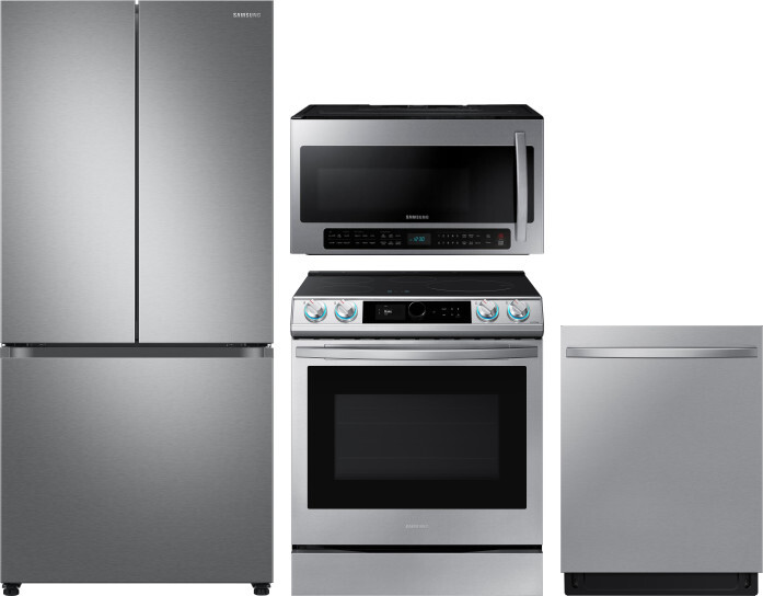 Samsung 4 Piece Kitchen Appliances Package with French Door Refrigerator, Induction Range, Dishwasher and Over the Range Microwave in Stainless Steel 