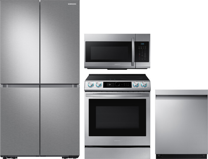 Samsung 4 Piece Kitchen Appliances Package with French Door Refrigerator, Induction Range, Dishwasher and Over the Range Microwave in Stainless Steel 