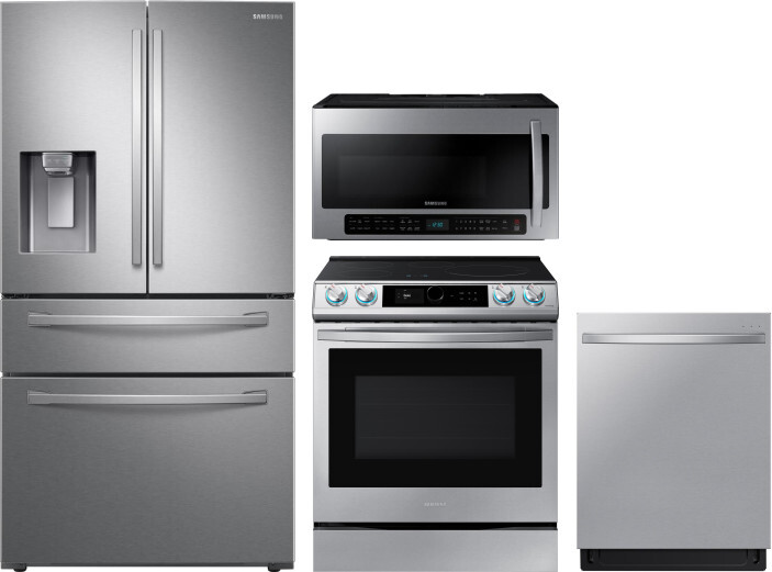 Samsung 4 Piece Kitchen Appliances Package with French Door Refrigerator, Induction Range, Dishwasher and Over the Range Microwave in Stainless Steel 