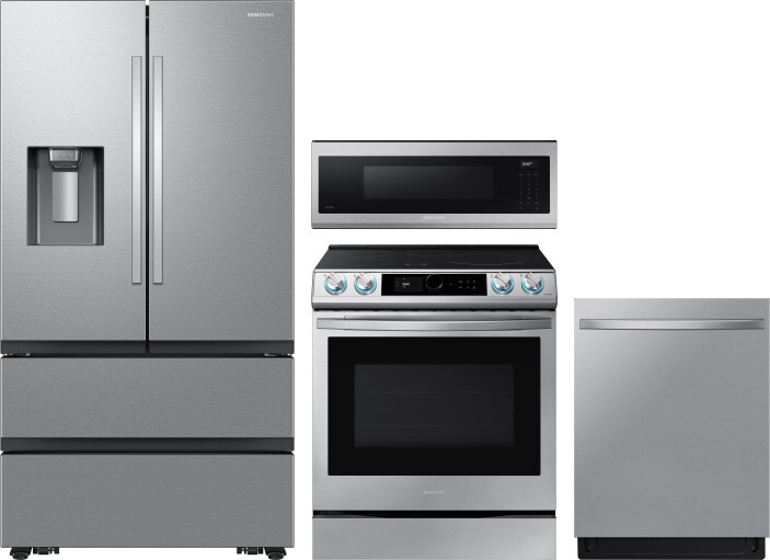 Samsung 4 Piece Kitchen Appliances Package with French Door Refrigerator, Induction Range, Dishwasher and Over the Range Microwave in Stainless Steel 