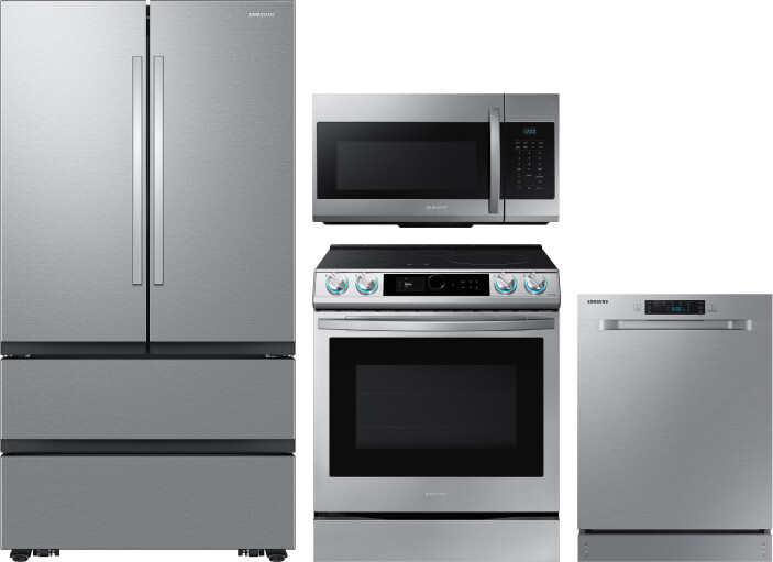 Samsung 4 Piece Kitchen Appliances Package with French Door Refrigerator, Induction Range, Dishwasher and Over the Range Microwave in Stainless Steel 