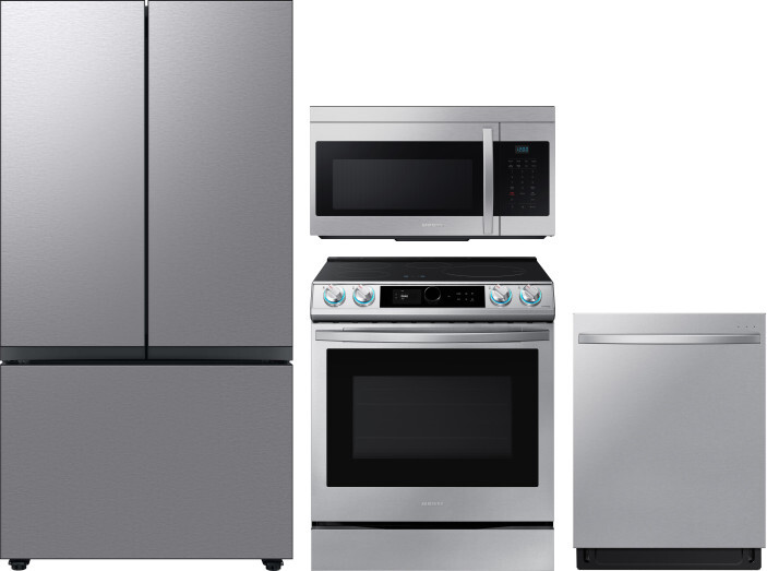 Samsung 4 Piece Kitchen Appliances Package with French Door Refrigerator, Induction Range, Dishwasher and Over the Range Microwave in Stainless Steel 