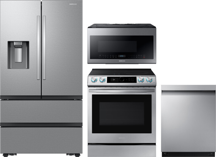 Samsung 4 Piece Kitchen Appliances Package with French Door Refrigerator, Induction Range, Dishwasher and Over the Range Microwave in Stainless Steel 