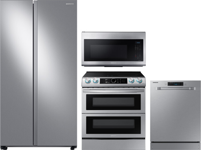 Samsung 4 Piece Kitchen Appliances Package with Side-by-Side Refrigerator, Induction Range, Dishwasher and Over the Range Microwave in Stainless Steel