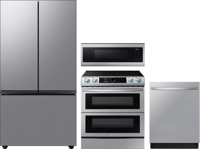 Samsung 4 Piece Kitchen Appliances Package with French Door Refrigerator, Induction Range, Dishwasher and Over the Range Microwave in Stainless Steel 