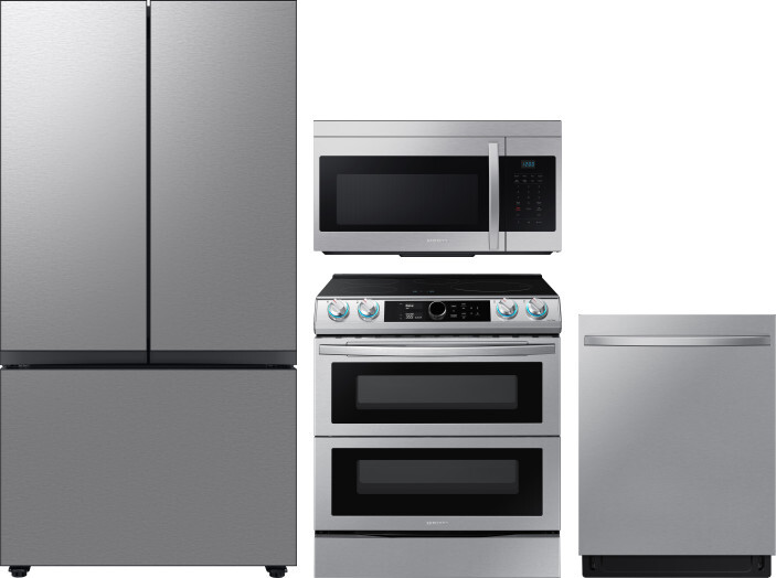 Samsung 4 Piece Kitchen Appliances Package with French Door Refrigerator, Induction Range, Dishwasher and Over the Range Microwave in Stainless Steel 