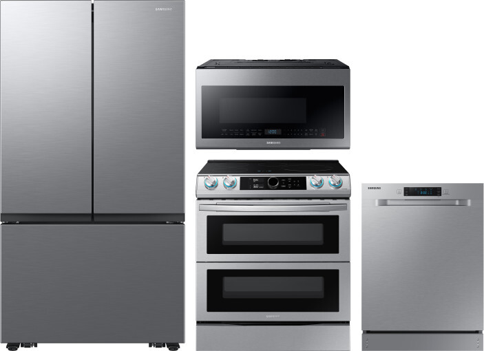 Samsung 4 Piece Kitchen Appliances Package with French Door Refrigerator, Induction Range, Dishwasher and Over the Range Microwave in Stainless Steel 