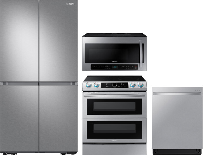 Samsung 4 Piece Kitchen Appliances Package with French Door Refrigerator, Induction Range, Dishwasher and Over the Range Microwave in Stainless Steel 