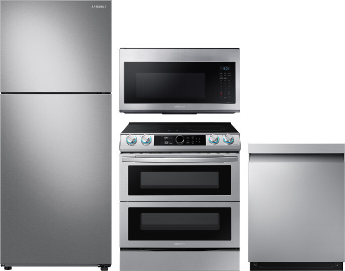 Samsung 4 Piece Kitchen Appliances Package with Top Freezer Refrigerator, Induction Range, Dishwasher and Over the Range Microwave in Stainless Steel 
