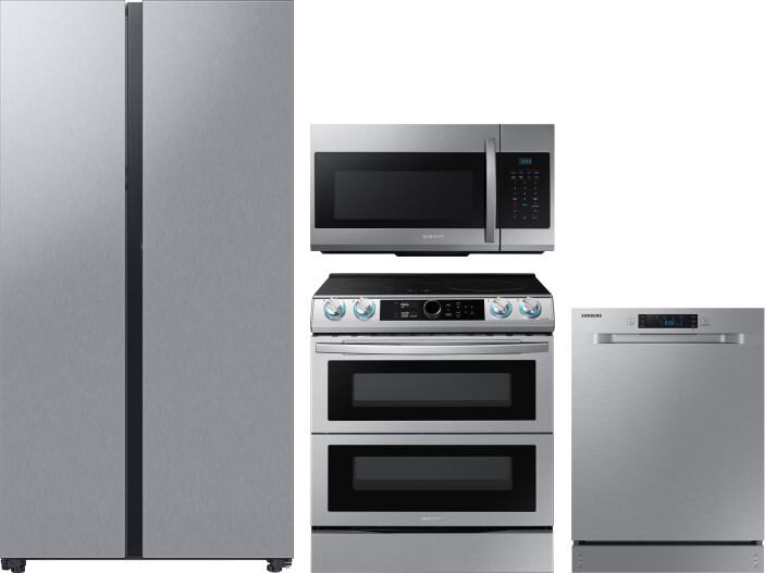 Samsung 4 Piece Kitchen Appliances Package with Side-by-Side Refrigerator, Induction Range, Dishwasher and Over the Range Microwave in Stainless Steel