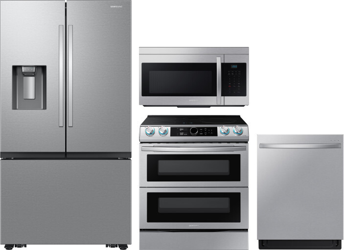 Samsung 4 Piece Kitchen Appliances Package with French Door Refrigerator, Induction Range, Dishwasher and Over the Range Microwave in Stainless Steel 