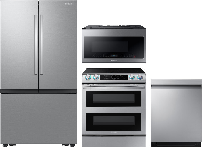 Samsung 4 Piece Kitchen Appliances Package with French Door Refrigerator, Induction Range, Dishwasher and Over the Range Microwave in Stainless Steel 