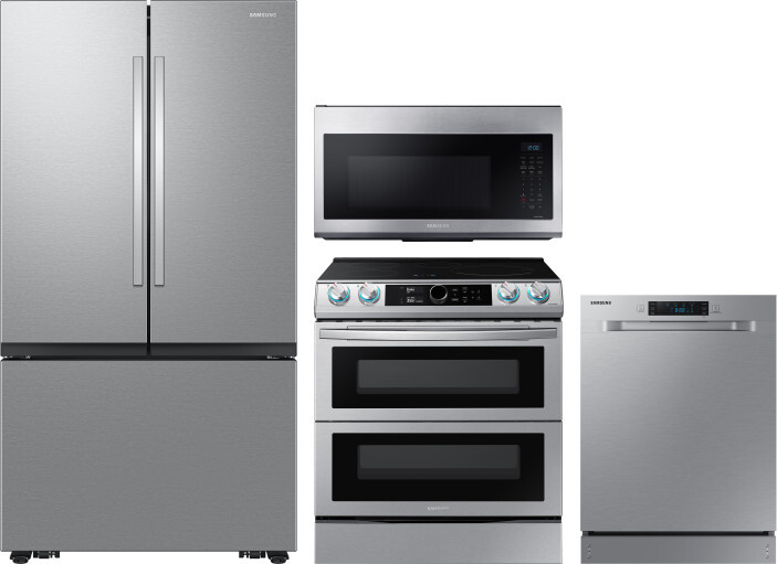 Samsung 4 Piece Kitchen Appliances Package with French Door Refrigerator, Induction Range, Dishwasher and Over the Range Microwave in Stainless Steel 