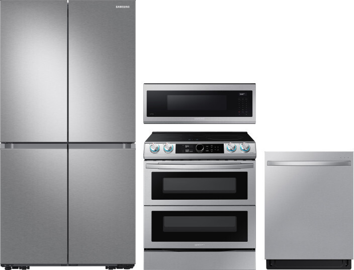 Samsung 4 Piece Kitchen Appliances Package with French Door Refrigerator, Induction Range, Dishwasher and Over the Range Microwave in Stainless Steel 